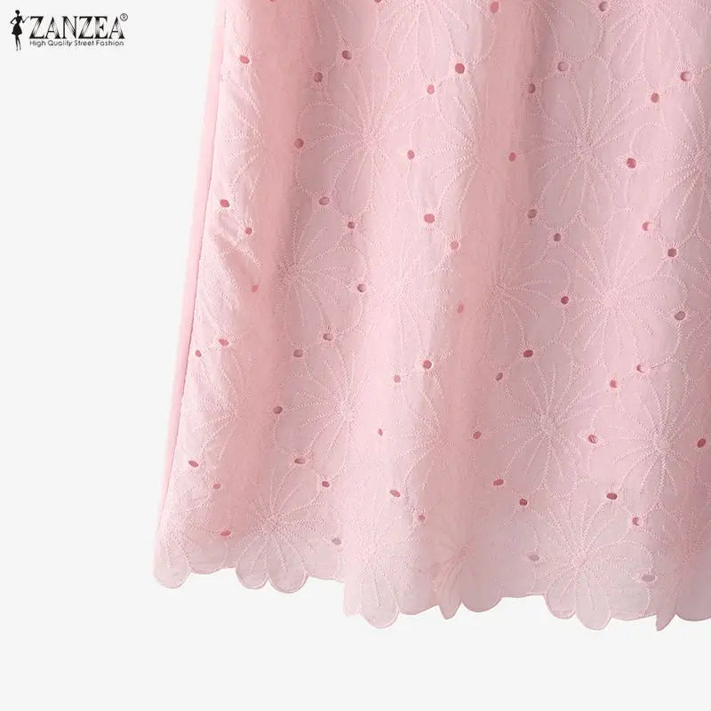 ZANZEA Summer Women's Openwork Embroidered Dresses O-Neck Half Puff Sleeve Contrast-Trim Knee-Length Dress Casual A-Line Robes