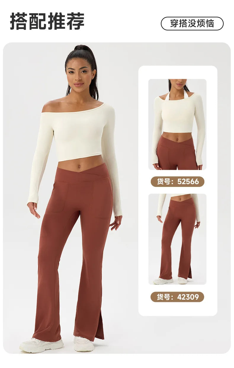 Yoga long-sleeved T-shirt women's one-shoulder sexy tight fitness wear top nude feel quick-drying sports sleeved Yoga Shirts