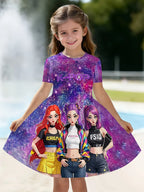 Kpop Cartoon Graphic Dress for Girls Funny Gift for Fan Harajuku Girl Clothes Summer Tops Short Sleeve Dress Children's Clothing