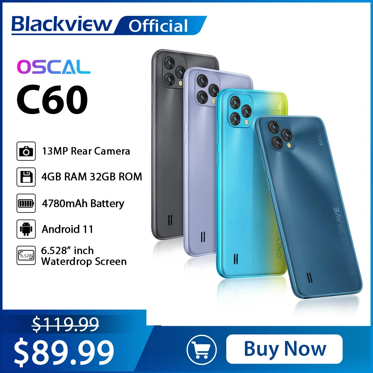 BLACKVIEW 2022 New Oscal C60 Smartphone 6.528 Inch 4GB+32GB 4780mAh 13MP + 5MP Camera Android 11 Mobile Phone With 3 Card Slots Main image