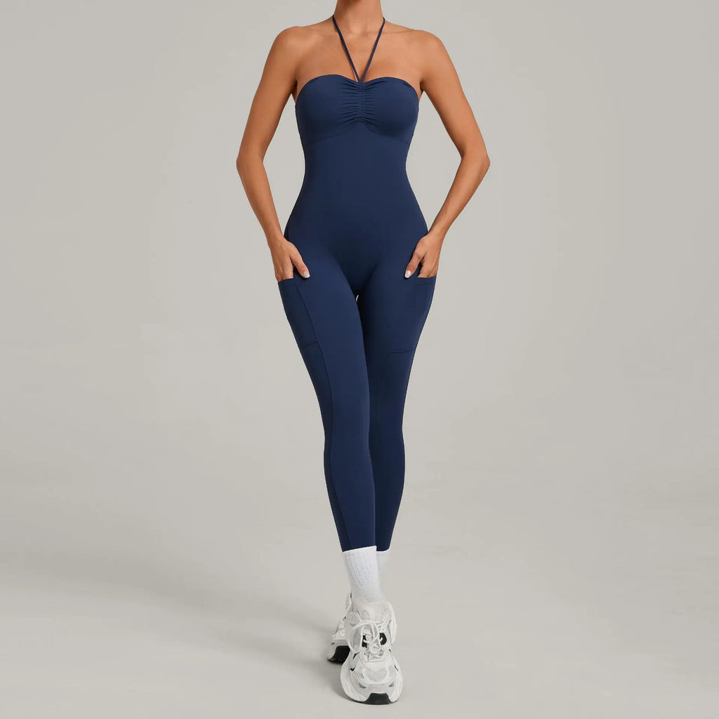 Women's Yoga Jumpsuits Sports Fitness One-piece Beauty Back Strap Pocket Hip-lifting Slim Fit Running Workout Training Bodysuits