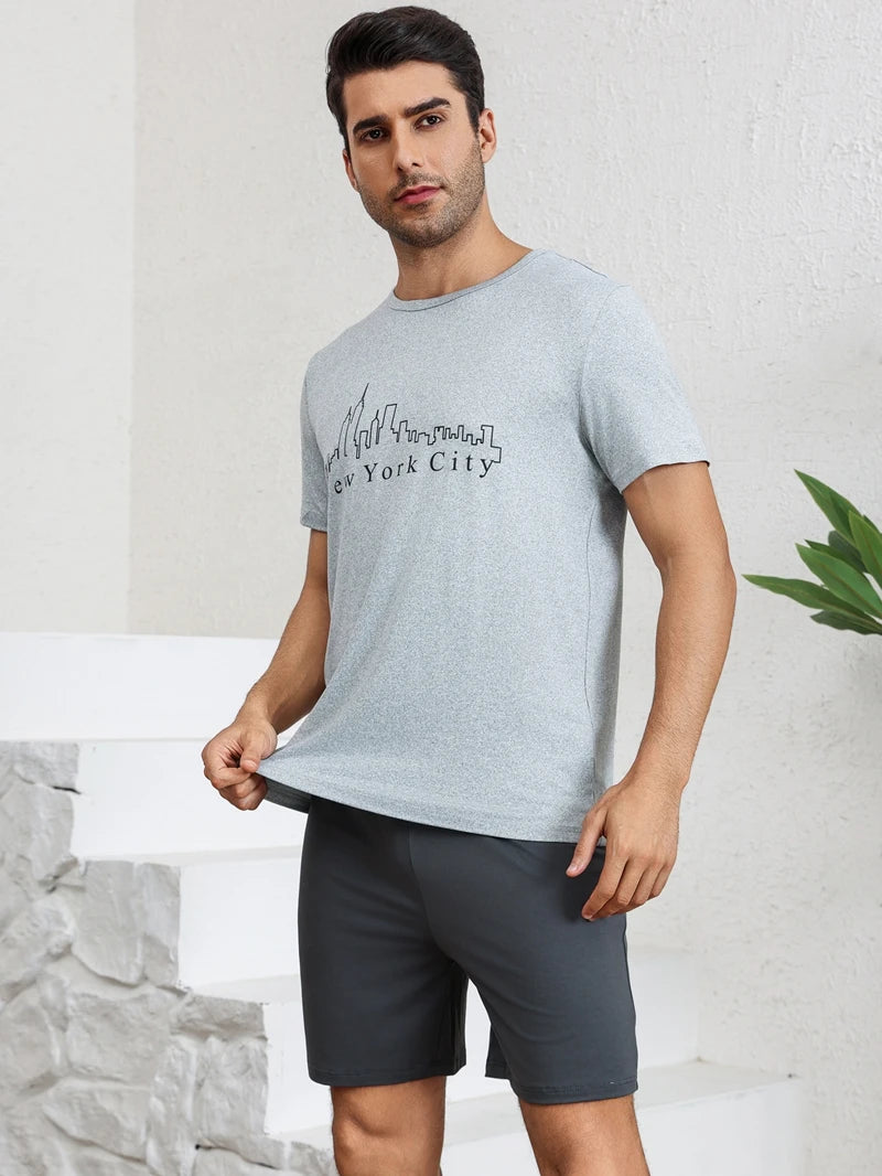 Men's Stylish Pajama 2Pcs Set Satin Short Sleeve And Plaid Shorts Comfortable Soft Sleepware Loungewear Can Be Worn Outside Pjs