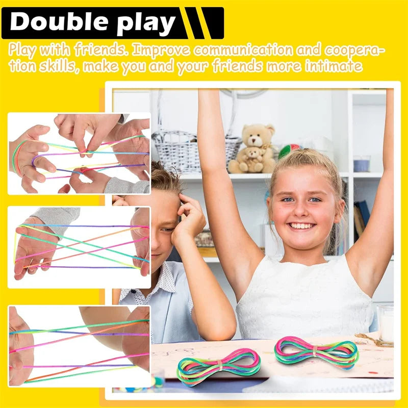 Rainbow Cats Cradle String 1.6M/63 Inch Long Rainbow Colourful Finger Rope Chinese Finger String Games Toy for Kids