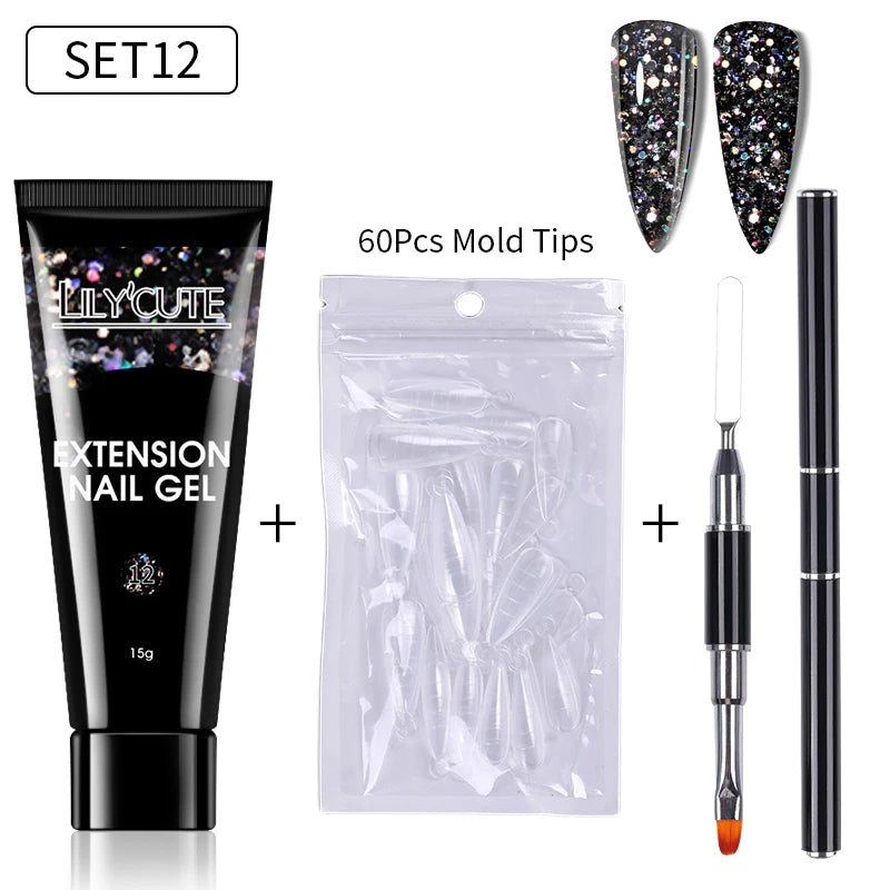 LILYCUTE 15ml Extension Gel Nail Polish Set Quick Nail Prolong With Extend Mold Nail Tips Acrylic Solution Manicure Tools Kit
