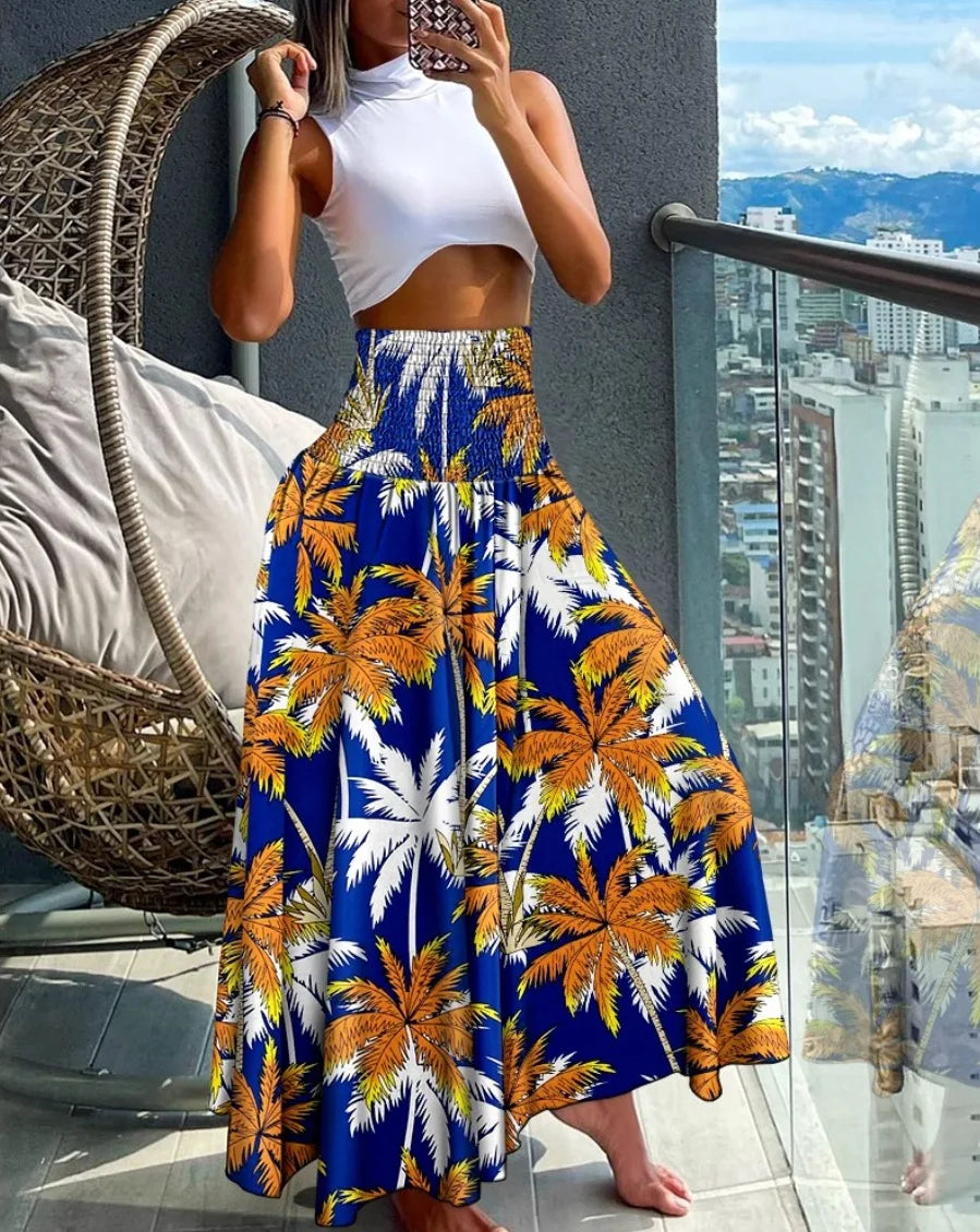 Fashion Cotton Women Floral Print Skirt Side Tie Beach Skirts Summer High Waist Wrap Flower Long Skirt