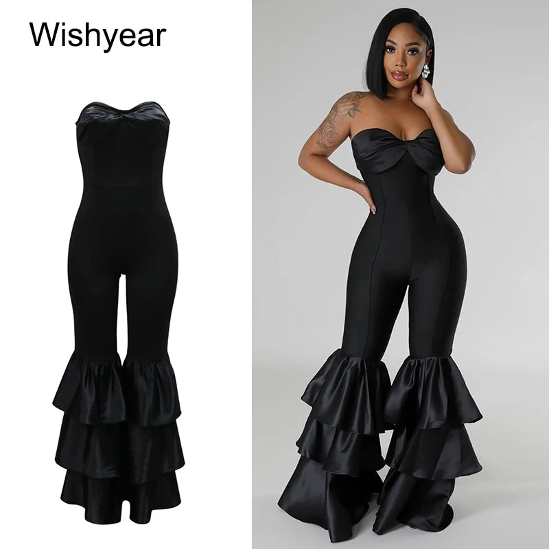 New One Pieces Jumpsuits Women Black Strapless Sleeveless Sexy Rompers Slim Fit Long Ruffles Flare Pant Night Club Even Overalls Ürün ana görseli