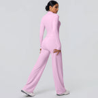 2pieces Quick Drying Sports Fitness Clothing Yoga Set Women Yoga Zipper Long Dleeves High Waisted Breathable Wide Leg Pants Set