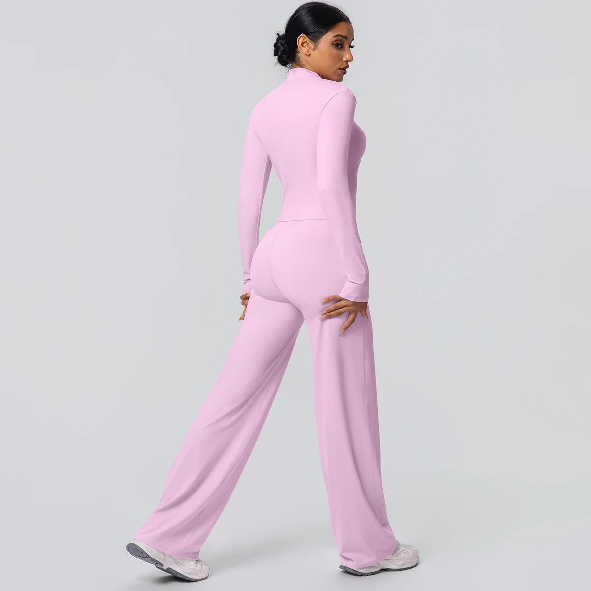 2pieces Quick Drying Sports Fitness Clothing Yoga Set Women Yoga Zipper Long Dleeves High Waisted Breathable Wide Leg Pants Set