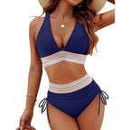 Sexy Deep V-Neck Bikini Swimsuit Set Women 2026 Summer Beach with Chest Cushion Swimwear High Waist Drawstring Triangle Bikini