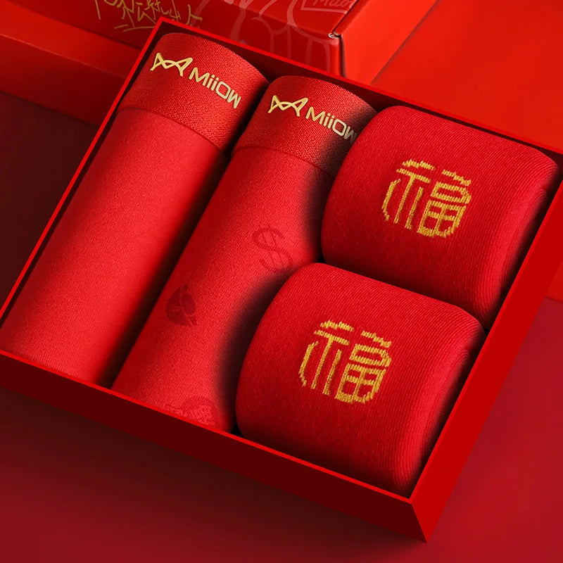 MiiOW Organic Cotton Boxer Socks Set Men Underwear Boxers Trunks Antibacterial Male Panties Boxershorts Underpants Red L-3XL New