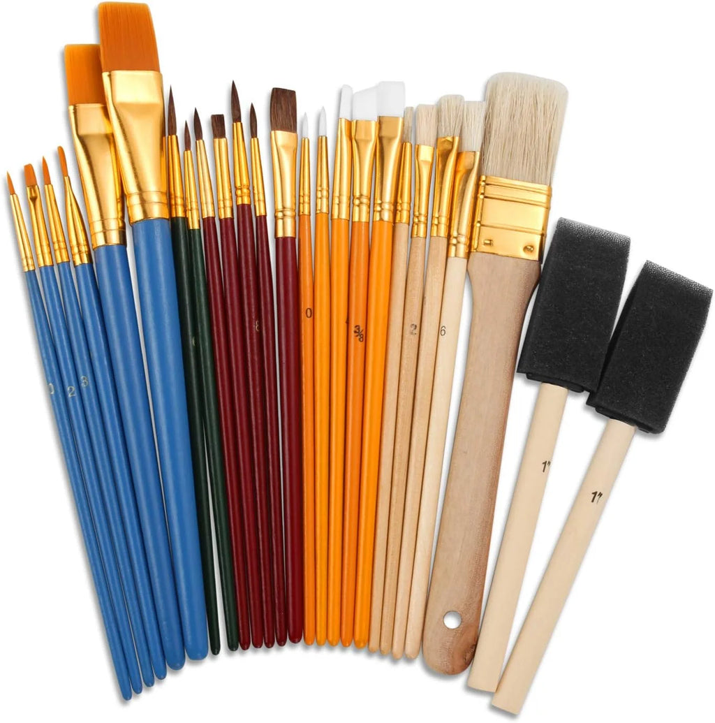 25 PCS All Purpose Paint Brush Set, Beginner, Paint, Craft, Multiple Mediums, Classroom - Assorted Paint Brushes Great