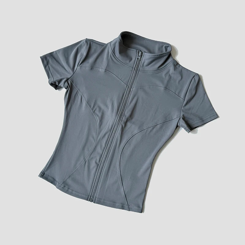 Slim Fit Short Sleeve Yoga Shirt Women's Stand Collar Zipper Jacket High End Running Sport Fitness Top