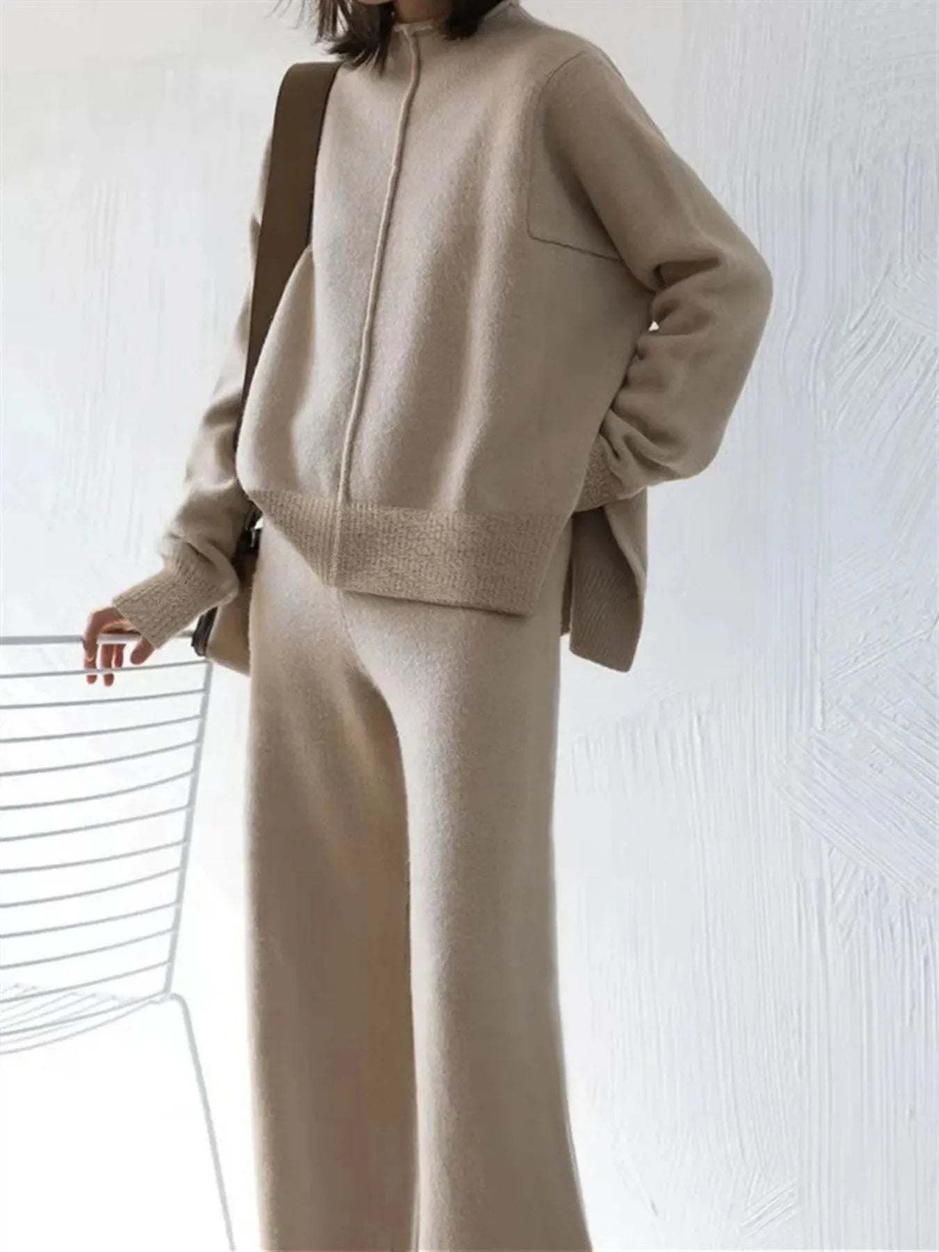 Women's Beige Oversized Knit Two-Piece Set with Half-Zip Sweater And Wide-Leg Pants Casual Loungewear Ürün ana görseli