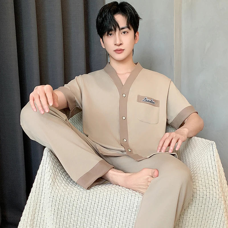 Men's Japanese Kimono Casual Fashion Solid Color Cardigan Loose Summer Short-Sleeved Pajamas with long pants Home Comfort Wear