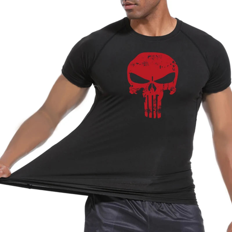 Skull Print Compression Shirts for Men Gym Workout Running Tshirts Sporty Athletic Quick Dry Tees Tops Short Sleeve Rash Guard