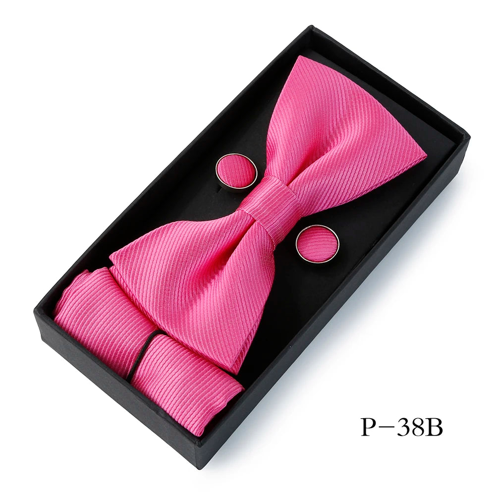 HUISHI Classic Black Bowtie Bow Ties For Mens Butterfly Bowknot Pocket Square Cufflinks Suit Set Bussiness Accessories Gift Box
