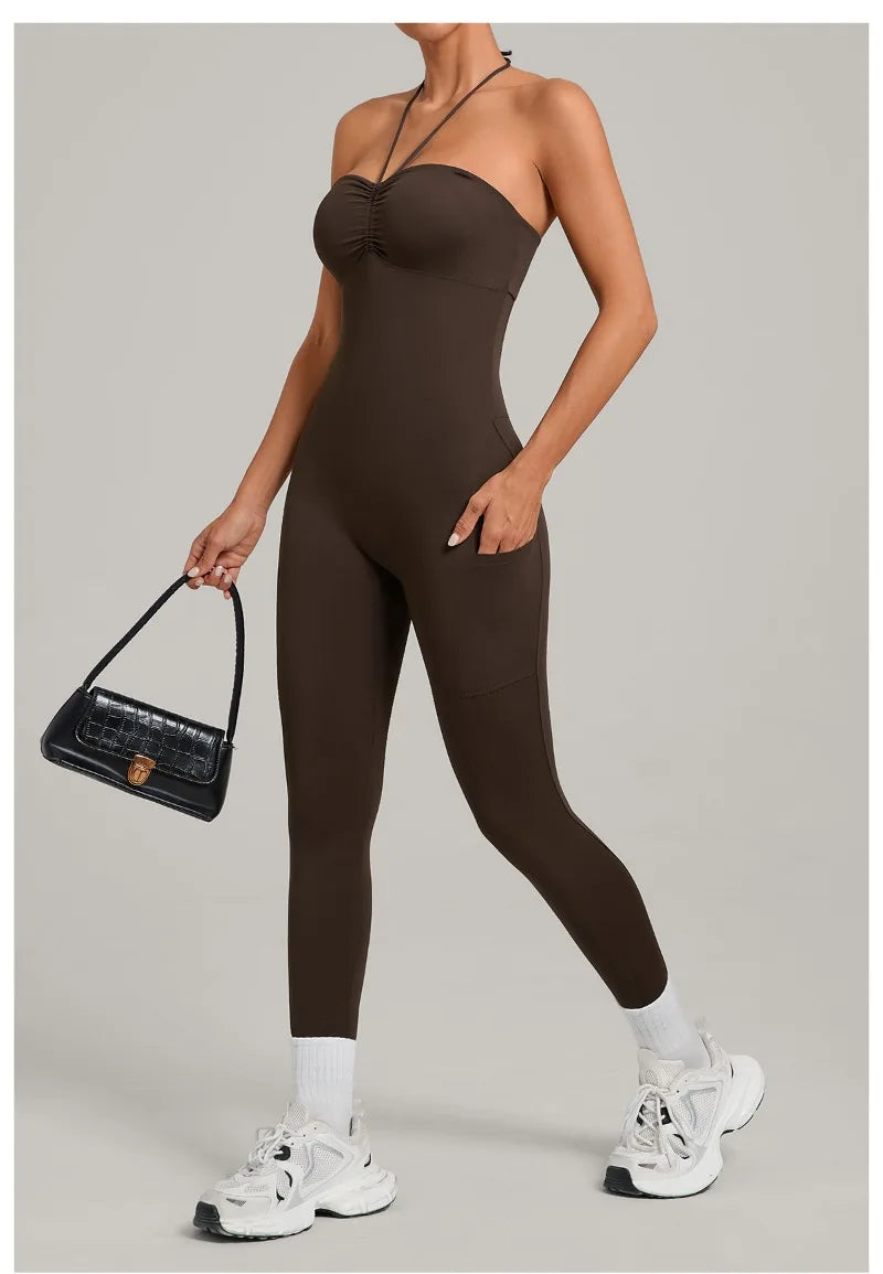 Women's Yoga Jumpsuits Sports Fitness One-piece Beauty Back Strap Pocket Hip-lifting Slim Fit Running Workout Training Bodysuits