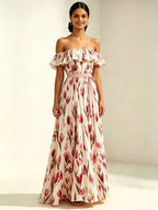 2026 summer off-the-shoulder tulip print plus size slimming square neck maxi dress