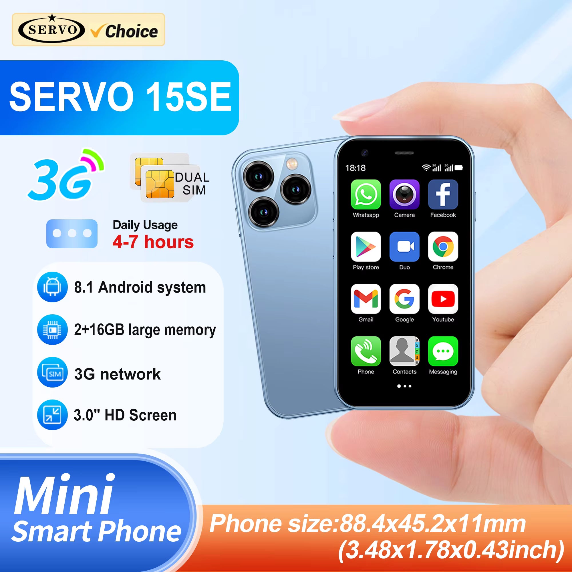 SERVO 15SE Mini Smartphone 3G WCDMA Android System WiFi Hotspot Play Store 3.0" Display Small Palm Smart Phones Dual SIM Standby Ürün ana görseli