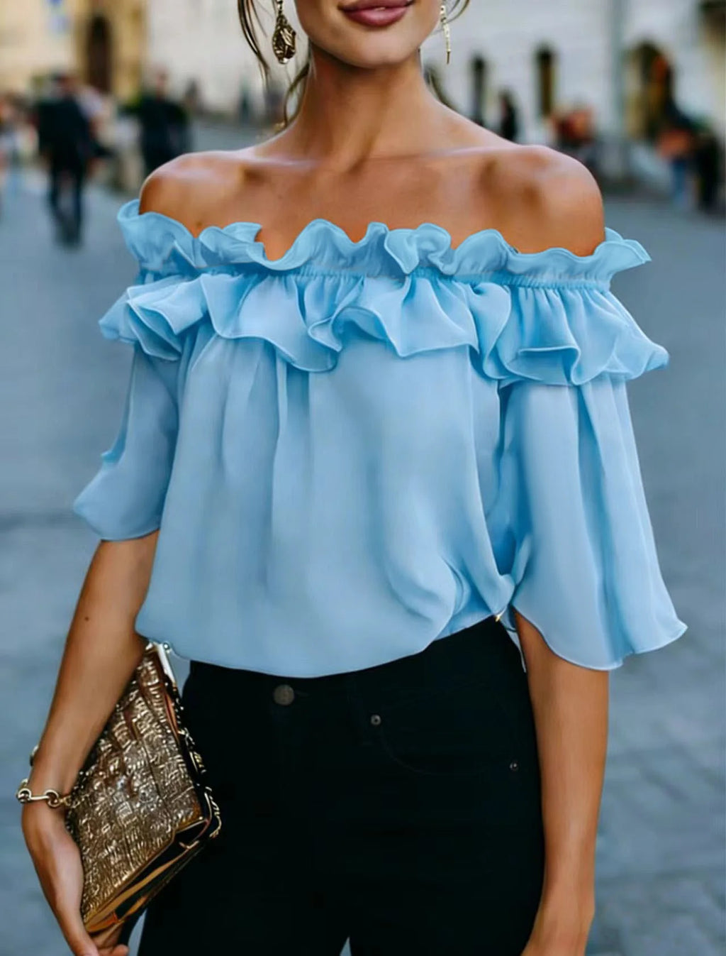 Fashion Ruffled Sexy One Shoulder Women's Short Sleeve Shirt Summer New Casual Loose Tops Female Elegant Versatile Office Shirt