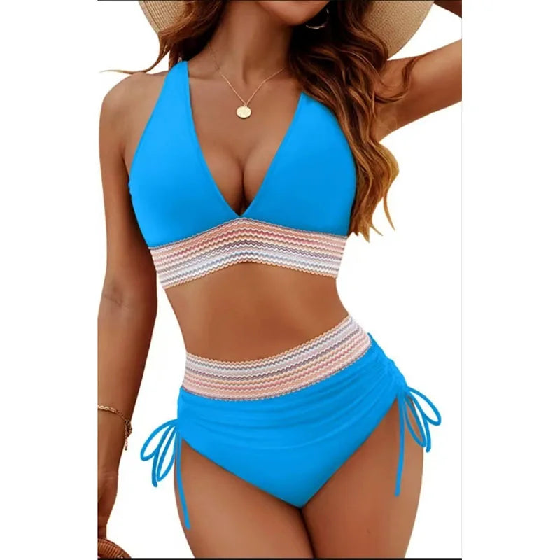Sexy Deep V-Neck Bikini Swimsuit Set Women 2026 Summer Beach with Chest Cushion Swimwear High Waist Drawstring Triangle Bikini