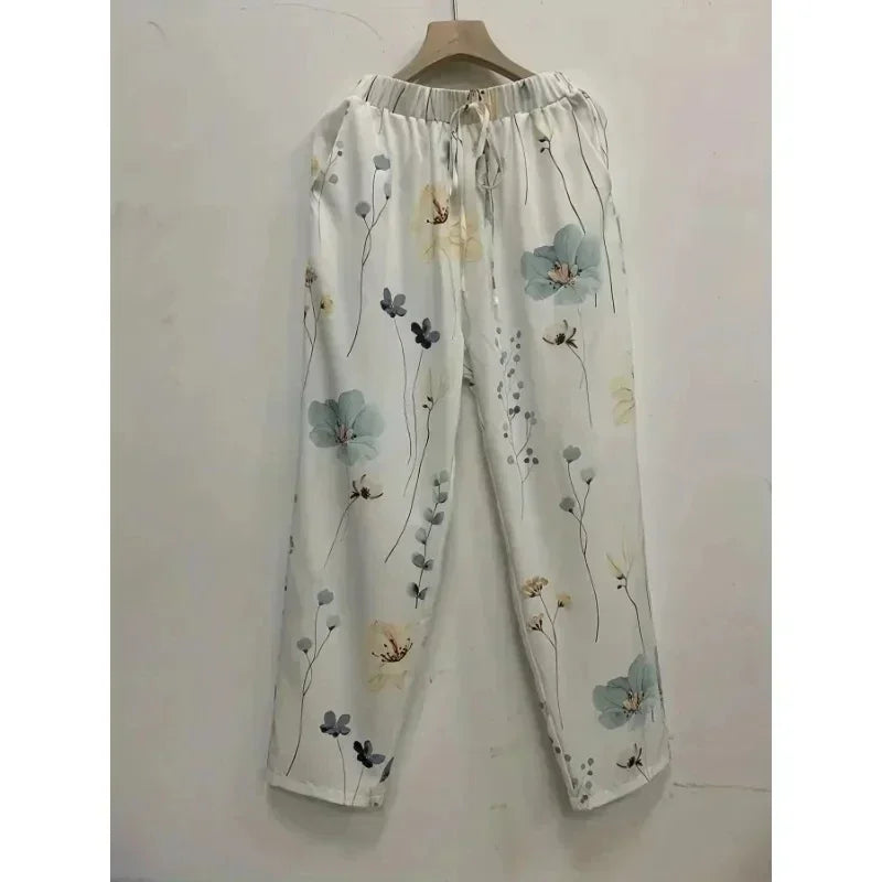 Plus Size 1XL-5XL Women's Fashion Floral Print Straight Elastic Drawstring Pocket Pants Ladise Casual Versatile Pants