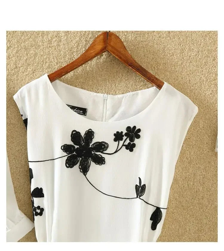 Elegant New Suit High Waist Sleeveless Slim A-line Skirt Floral Two-piece Dress Embroidery White Top Bow Belt Vintage Women