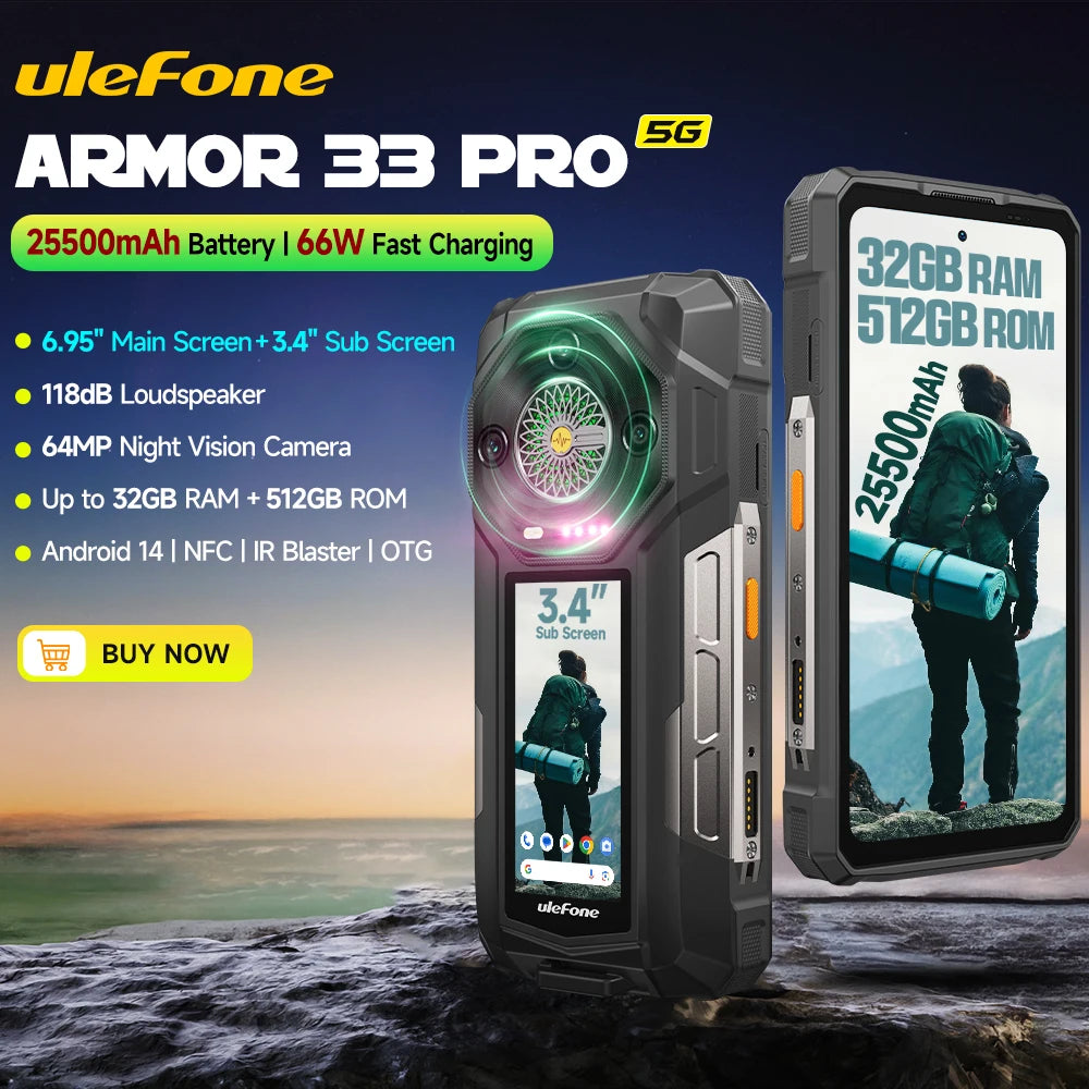 【2025 New】Ulefone Armor 33 Pro 5G Rugged Phone Smartphone Android 14 32GB+512GB 25500mAh Night Camera 64MP NFC Loud Speaker Main image