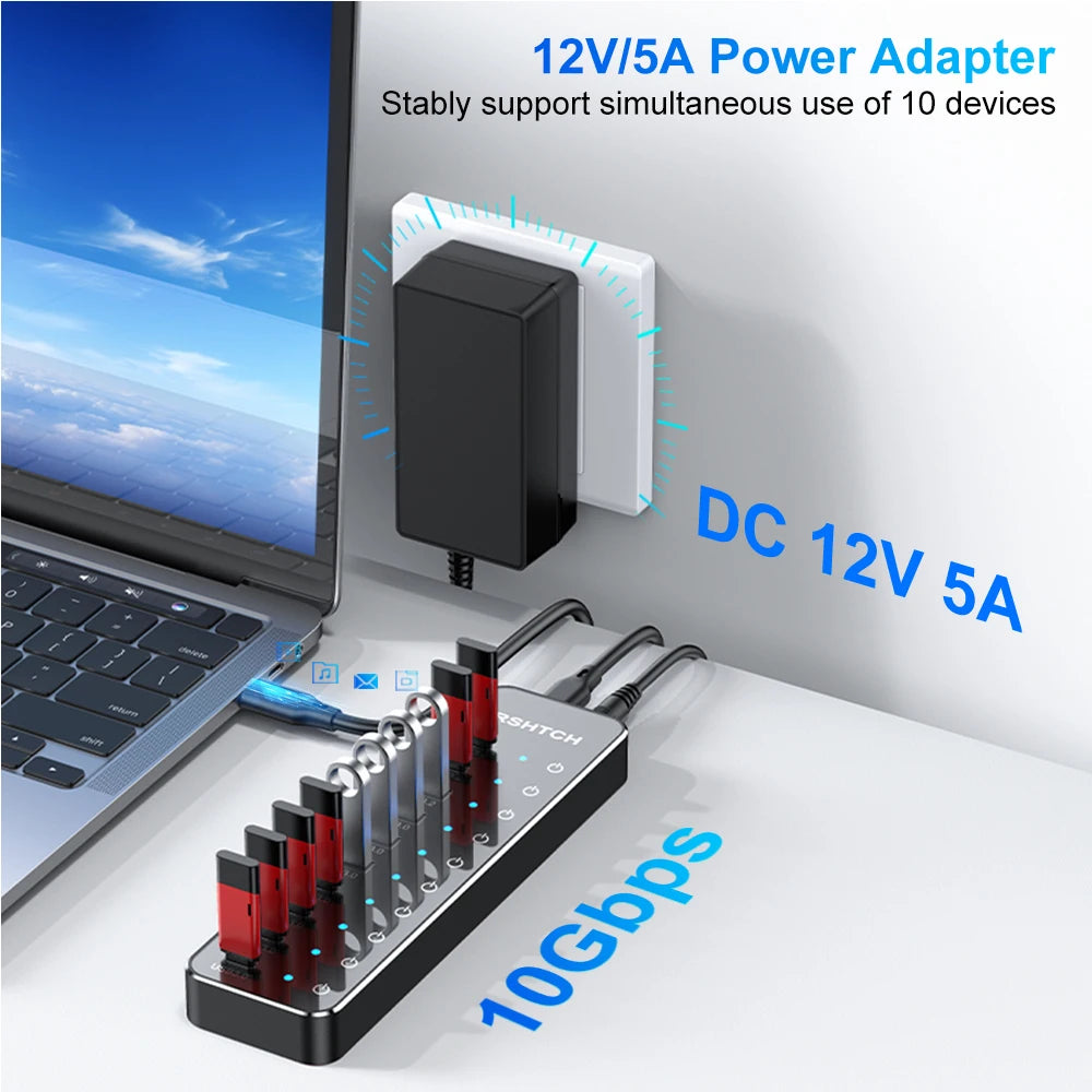 RSHTECH 10 in 1 USB C Hub 10Gbps USB-C with Individual Touch Switches Multiport Splitter Docking Station for MacBook Laptops PC