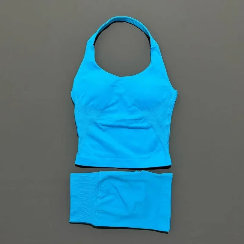 2pcs Sports Set Women Backless Tank Tops High Waist Scrunch Seamless Shorts Fitness Clothes Activewear Workout Sets Gym Suit