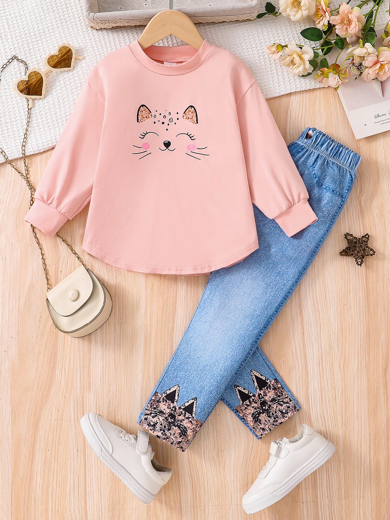 Spring and autumn girls fashion cute 2-piece set micro-elastic pink round neck cartoon long sleeve imitation denim slim pants cl Ürün ana görseli