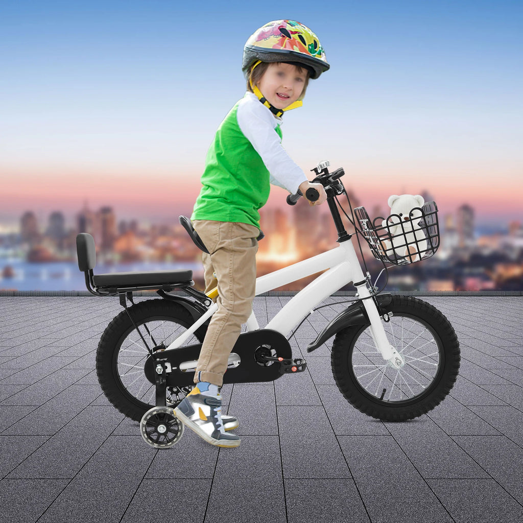 14" Kids Bike Adjustable Children's Bicycle Load 60kg w/Training Wheels+Basket+Backrest Rear Seat for 3-7 Year Old (White/Black)