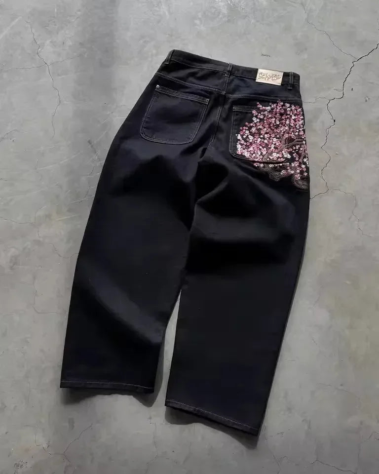 Vintage Low Waist Hip Hop Cherry Blossom Embroidered Jeans  Wide Leg Trousers Y2K Clothes Mens Womes Embroidered Baggy Jeans Main image