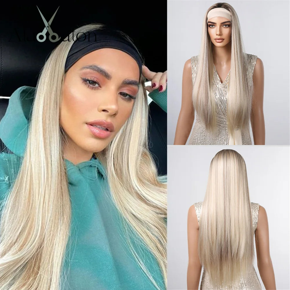 ALAN EATON Long Blonde Synthetic Headband Wig Ombre Blonde Straight Hair Wigs Natural Looking Heat Resistant Fiber for Daily Use Main image