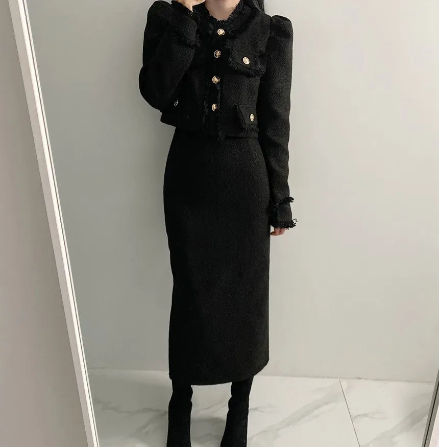 Beige Tweed Jacket + High Waisted Skirts Women Winter  Golden Button 2 Piece Sets Wool Luxury Vintage Skirts Sets Autumn