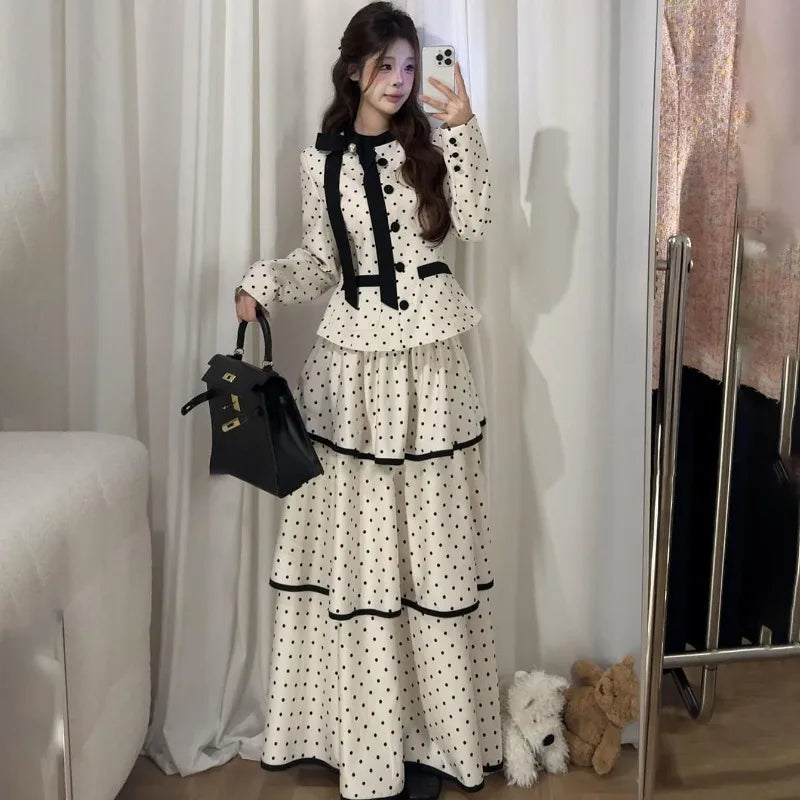 Korean Fashion Elegant Beige Polka Dot Women Set Long-sleeved Single Button Top High Waist A-line Ruffled Tiered Long Skirt 2pcs Ürün ana görseli