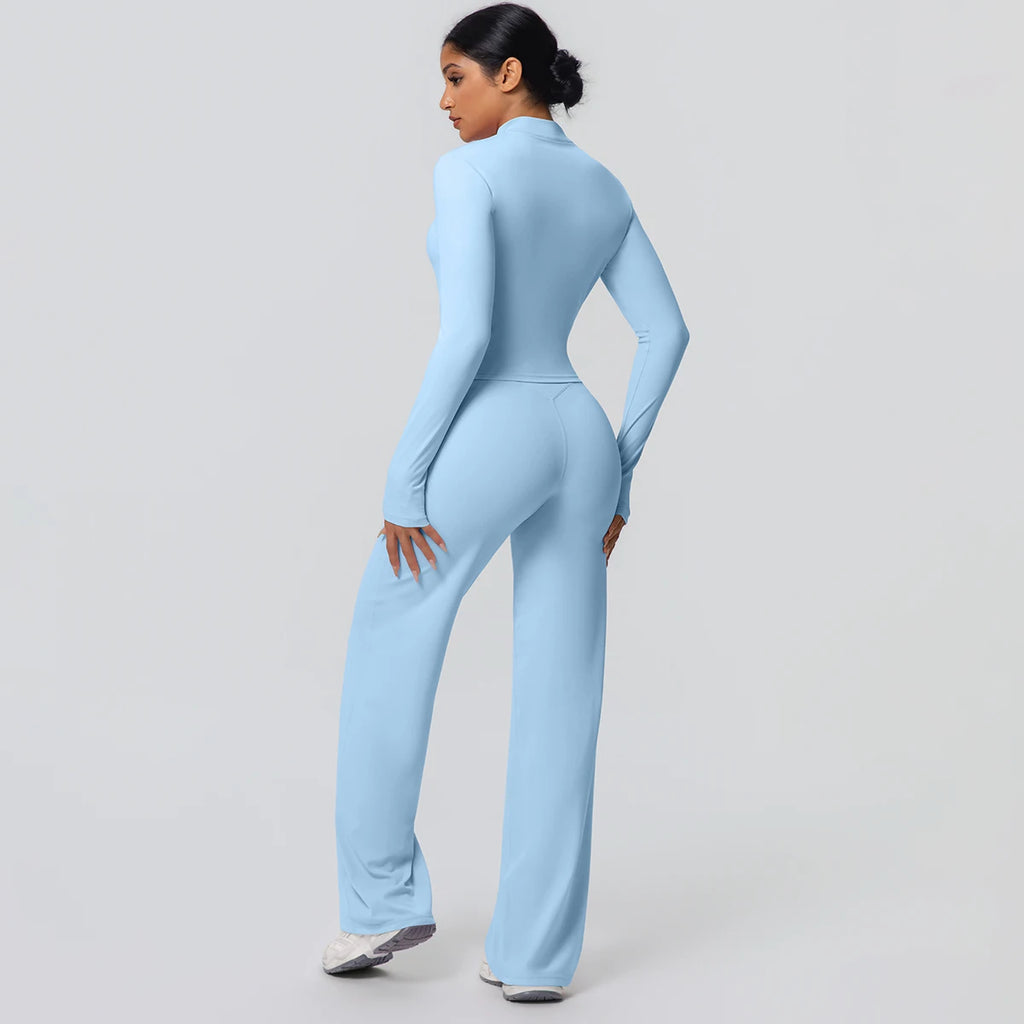 2pieces Quick Drying Sports Fitness Clothing Yoga Set Women Yoga Zipper Long Dleeves High Waisted Breathable Wide Leg Pants Set