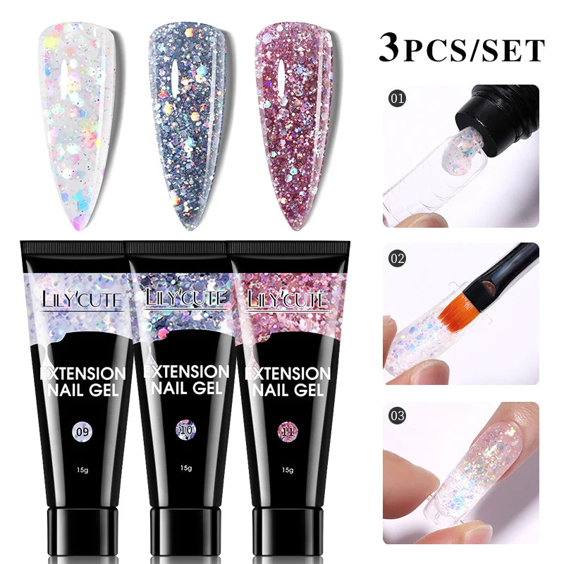 LILYCUTE 15ml Extension Gel Nail Polish Set Quick Nail Prolong With Extend Mold Nail Tips Acrylic Solution Manicure Tools Kit