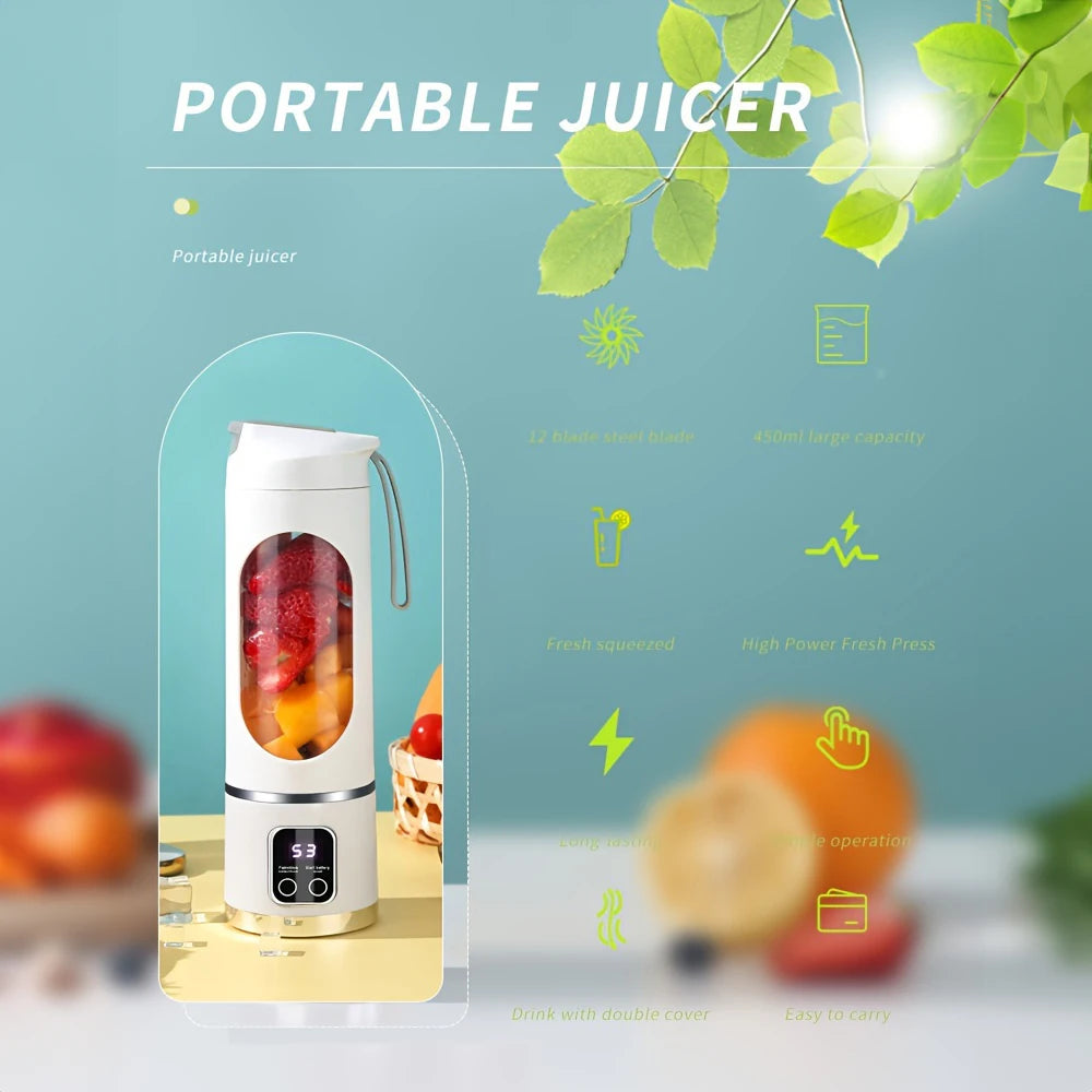 Portable Outdoor Electric Juicer 450ML  Digital Display Juice Cup USB Charging Mini Fruit Juicer