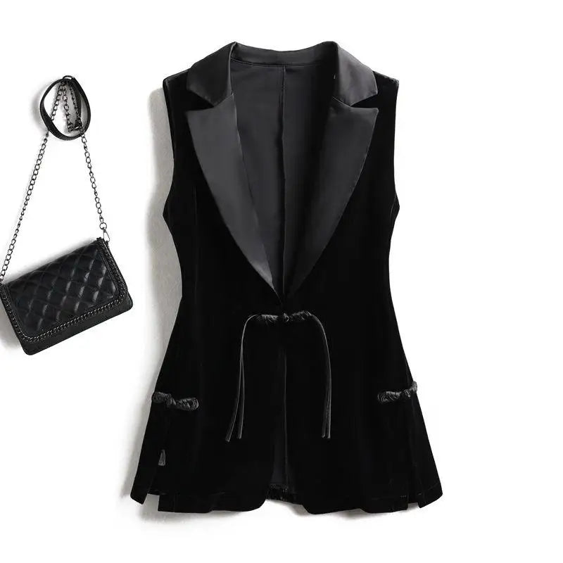 Black Velvet Vest Jacket For Women Sleeveless Blazer Fashion 2026 Spring And AutumnSuit Tank Top  Retro Waistcoat Z2338