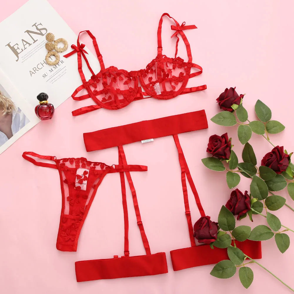 Lace Lingerie Set 3PC Sheer Bra Garter Belt Half Cup PushUp Underwear for Women