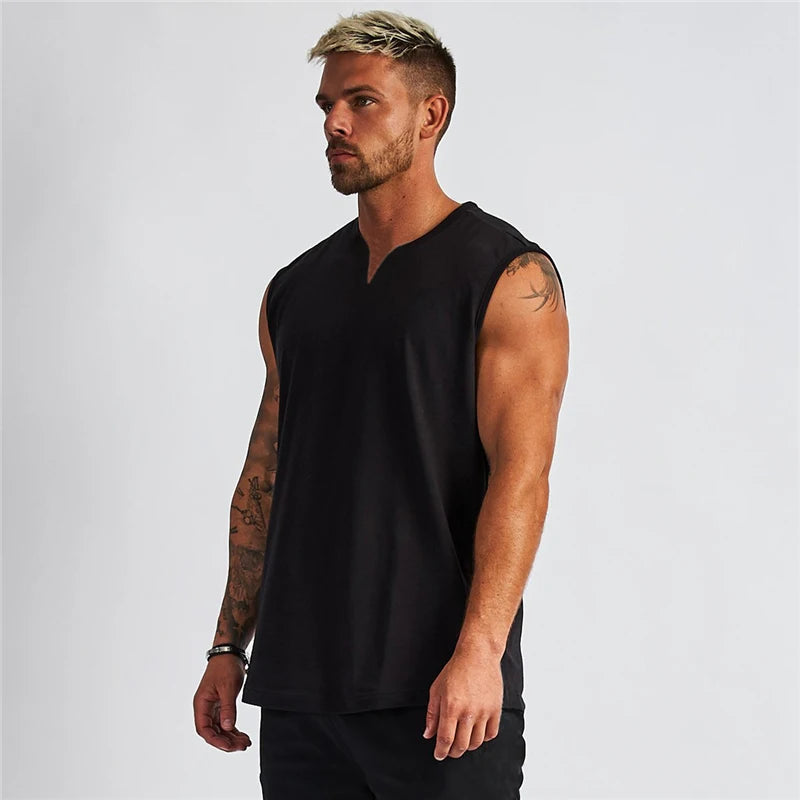 Summer Cotton Breathable V-neck Tank Tops Gym Workout Running Sport Sleeveless Shirt Mens Fitness Bodybuilding Muscle Clothing