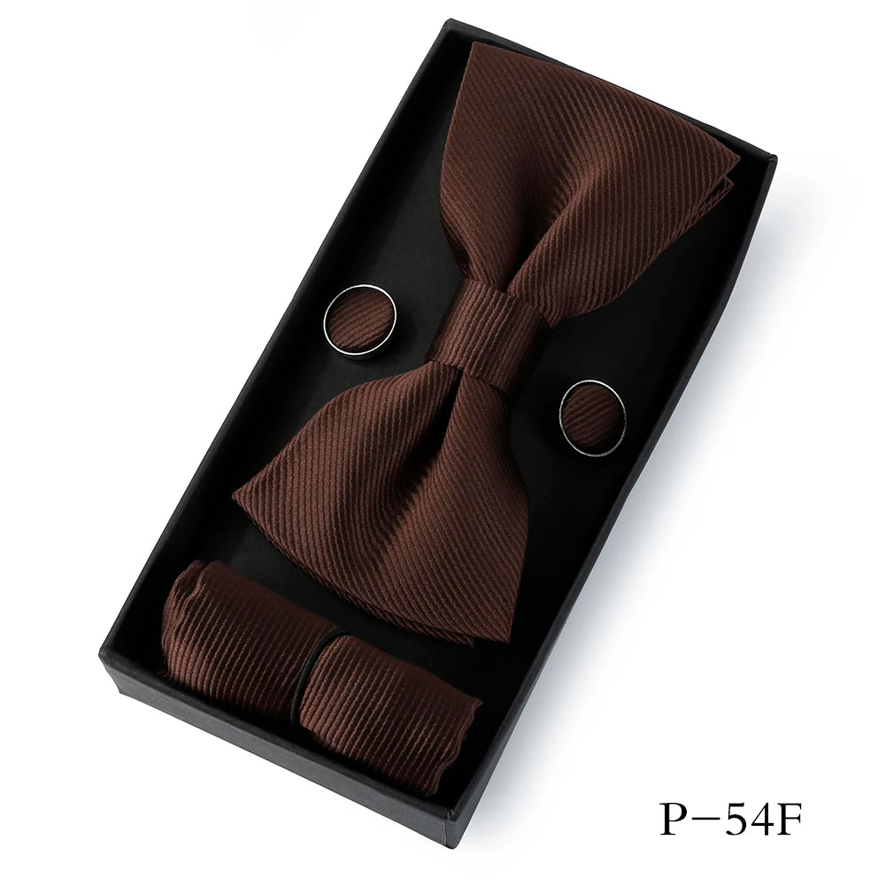 HUISHI Classic Black Bowtie Bow Ties For Mens Butterfly Bowknot Pocket Square Cufflinks Suit Set Bussiness Accessories Gift Box