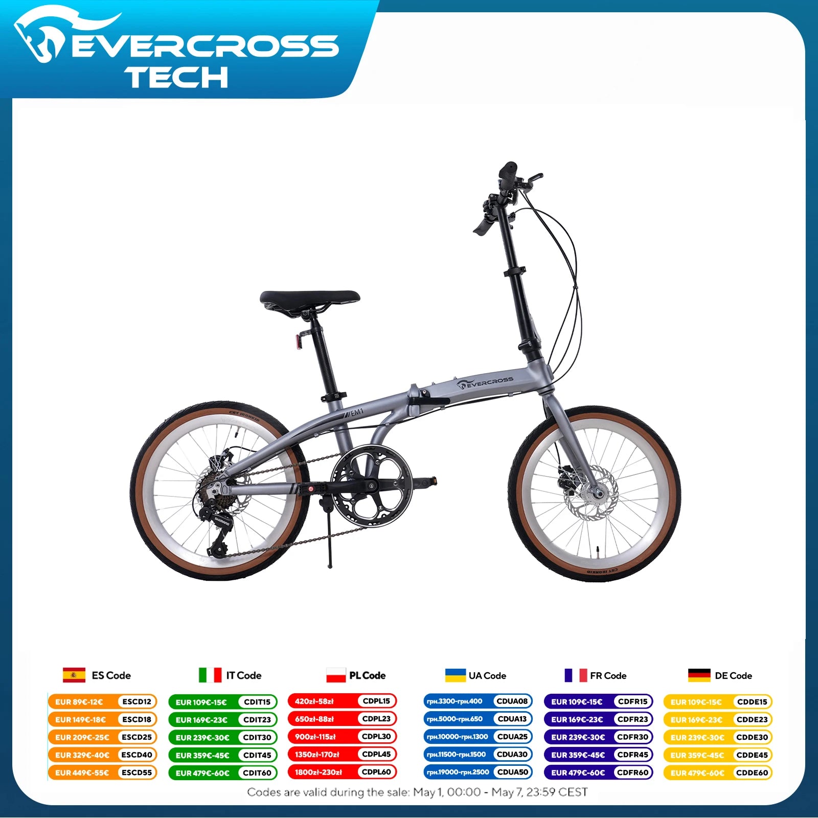 EVERCROSS TECH 20 inch folding bike-7 speeds-frame Ultra-light aluminum-disc brake-EM1 Ürün ana görseli