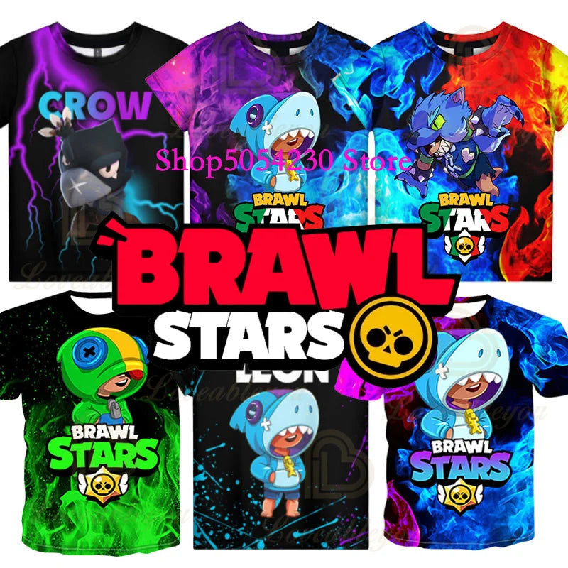 Boys Summer T-shirt Tees Brawl-Stars Anime Figures Leon Cartoon Characters Kids Cosplay Costumes Crow T Shirt Christmas Gifts Ürün ana görseli