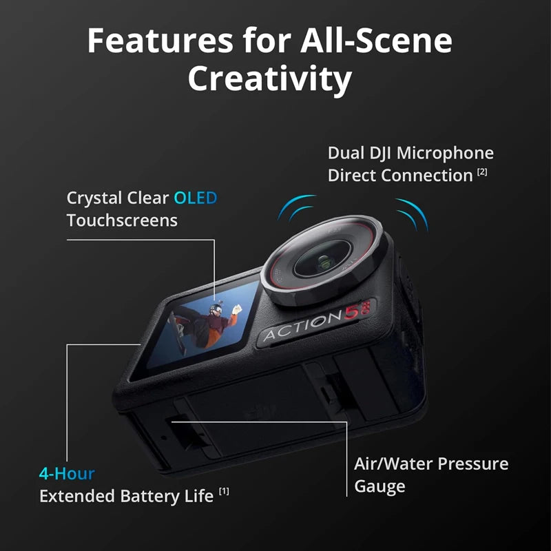 DJI Osmo Action 5 pro 1/1.3 ″ SSOR 4hrs Extended Battery Life twin OLED High-bright touchscreen Action 5