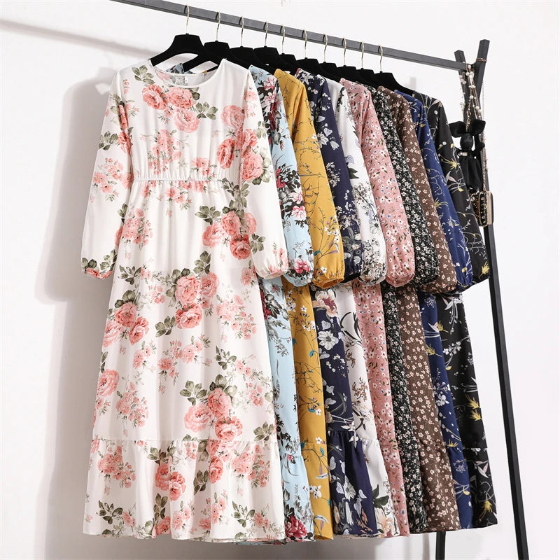 Spring Summer Women Maxi Dresses Casual Full Sleeve Floral Printed O-neck Woman Bohe Beach Party Long Dress Mujer Vestidos Ürün ana görseli