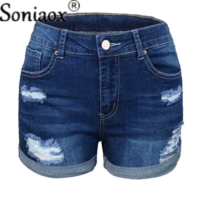 2024 Summer New Women Crimping Button Up Stretch Sexy Hole Jean Shorts High Waist Skinny Streetwear Trendy Ripped Denim Shorts