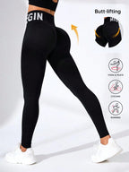 European and American Seamless Yoga Leggings with Waistband Lettering, Butt-Lifting, Quick-Dry Women's Breathable Tights for Pea