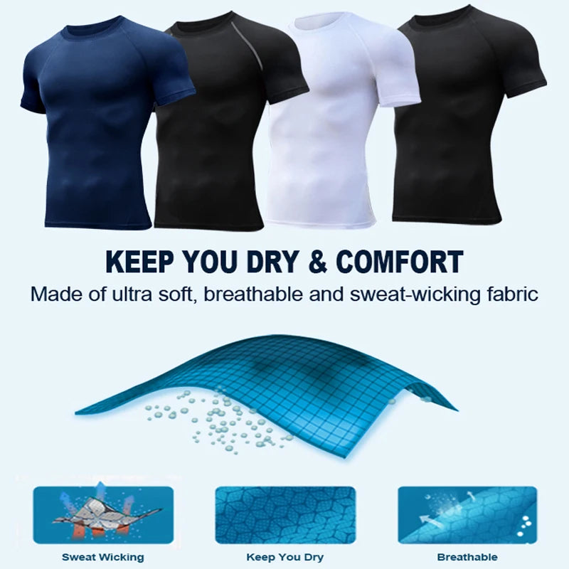 Skull Print Compression Shirts for Men Gym Workout Running Tshirts Sporty Athletic Quick Dry Tees Tops Short Sleeve Rash Guard